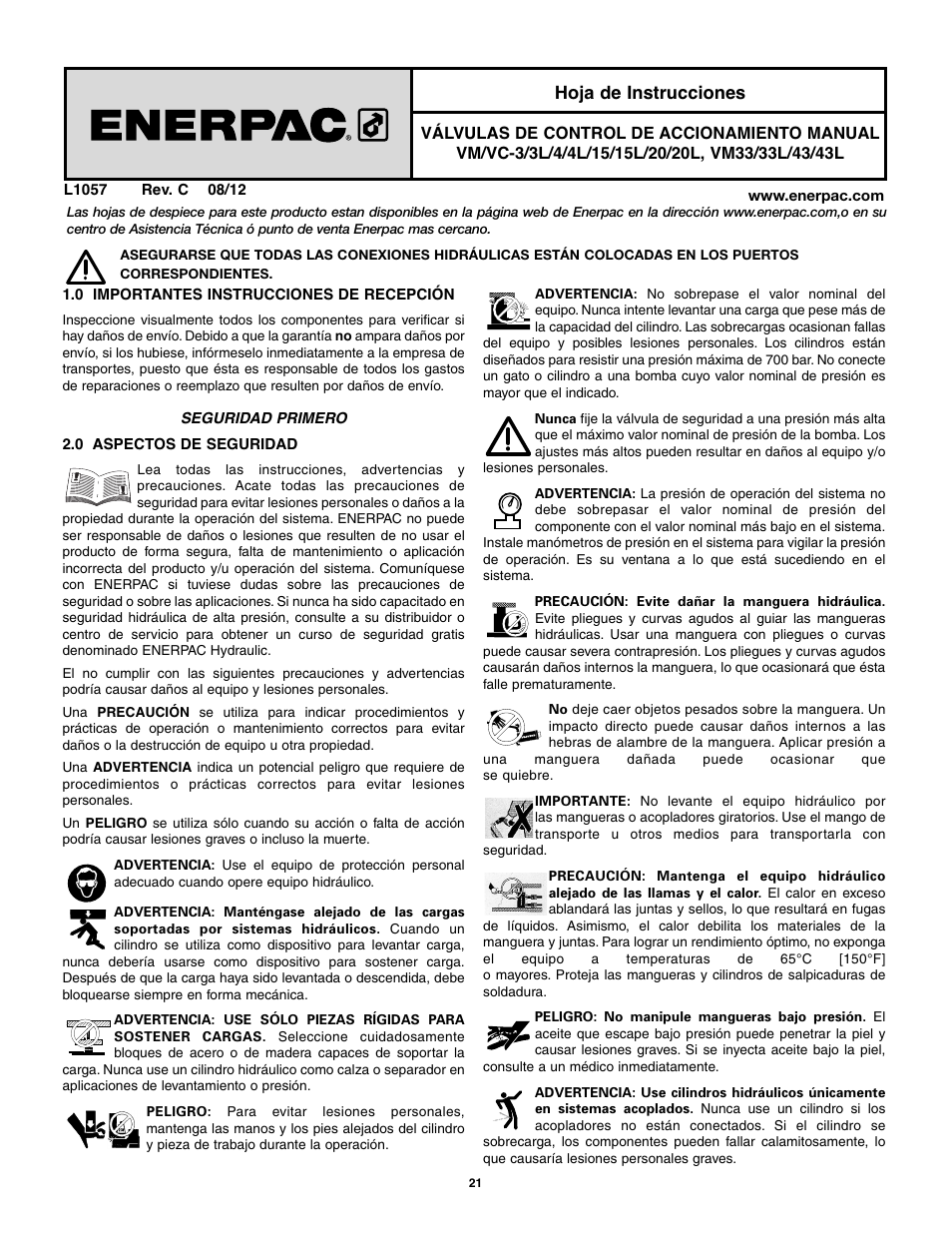 Hoja de instrucciones | Enerpac VM43 User Manual | Page 21 / 48
