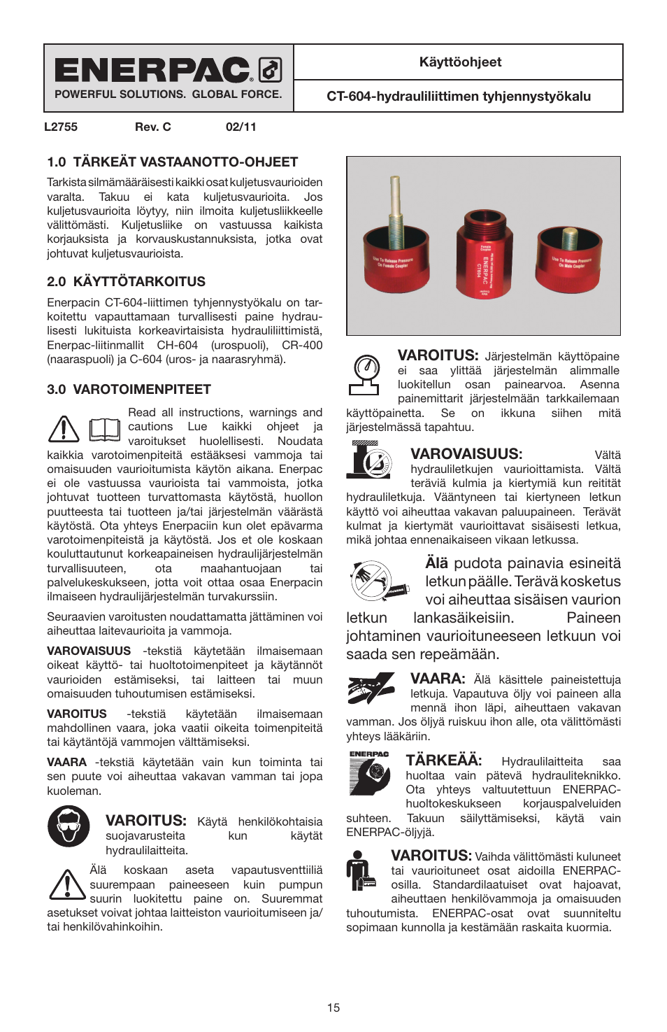 Varoitus, Varovaisuus, Tärkeää | Enerpac CT-604 User Manual | Page 15 / 28