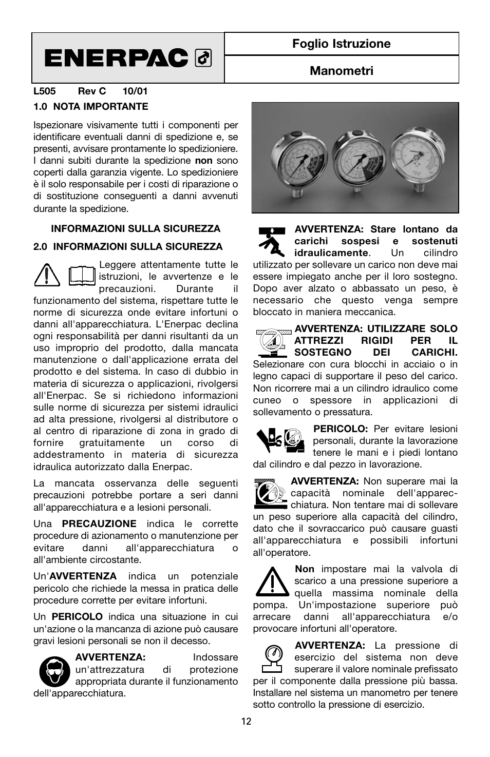 Foglio istruzione manometri | Enerpac V-Series User Manual | Page 12 / 28