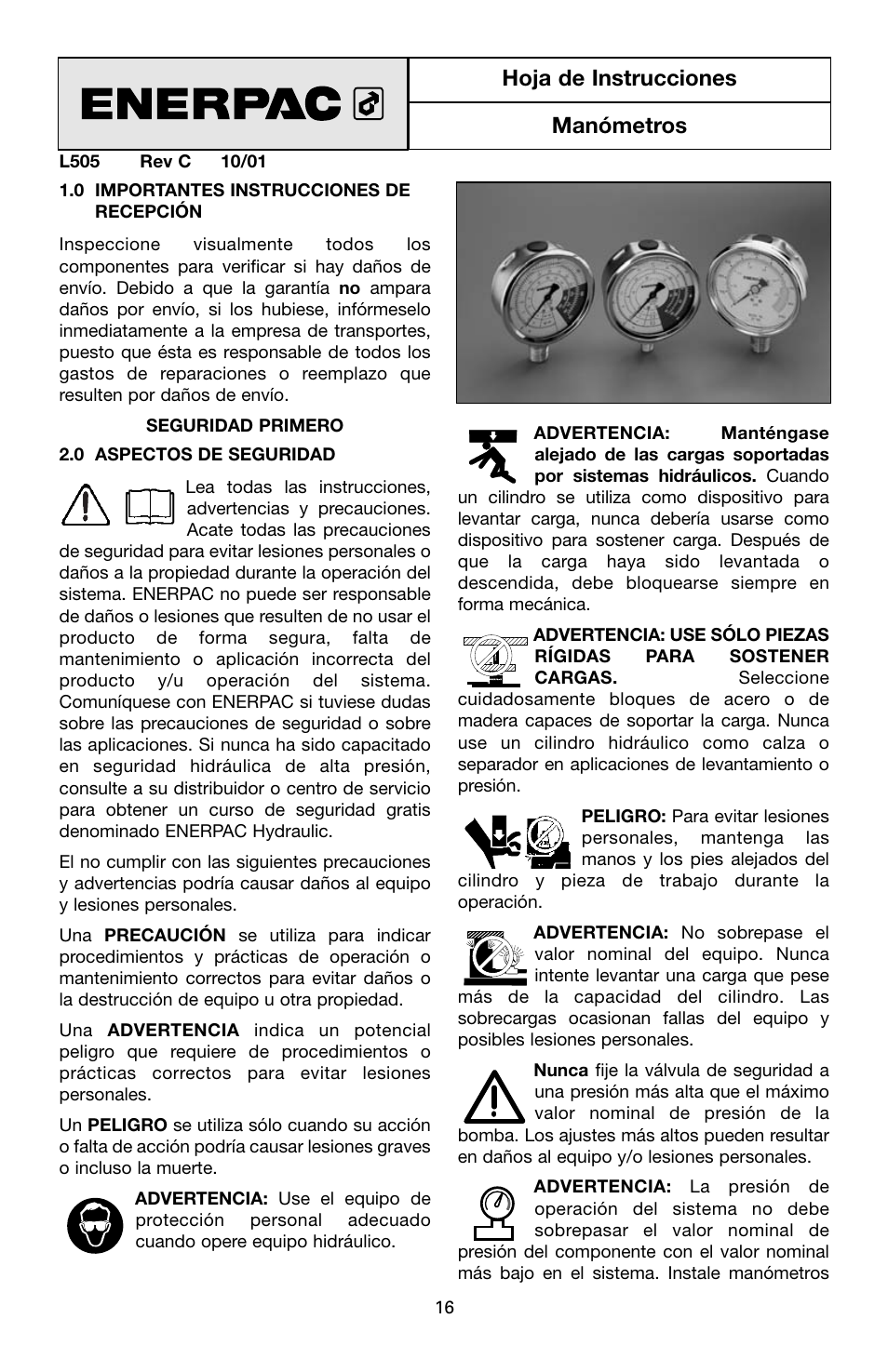 Hoja de instrucciones manómetros | Enerpac V-Series User Manual | Page 16 / 28