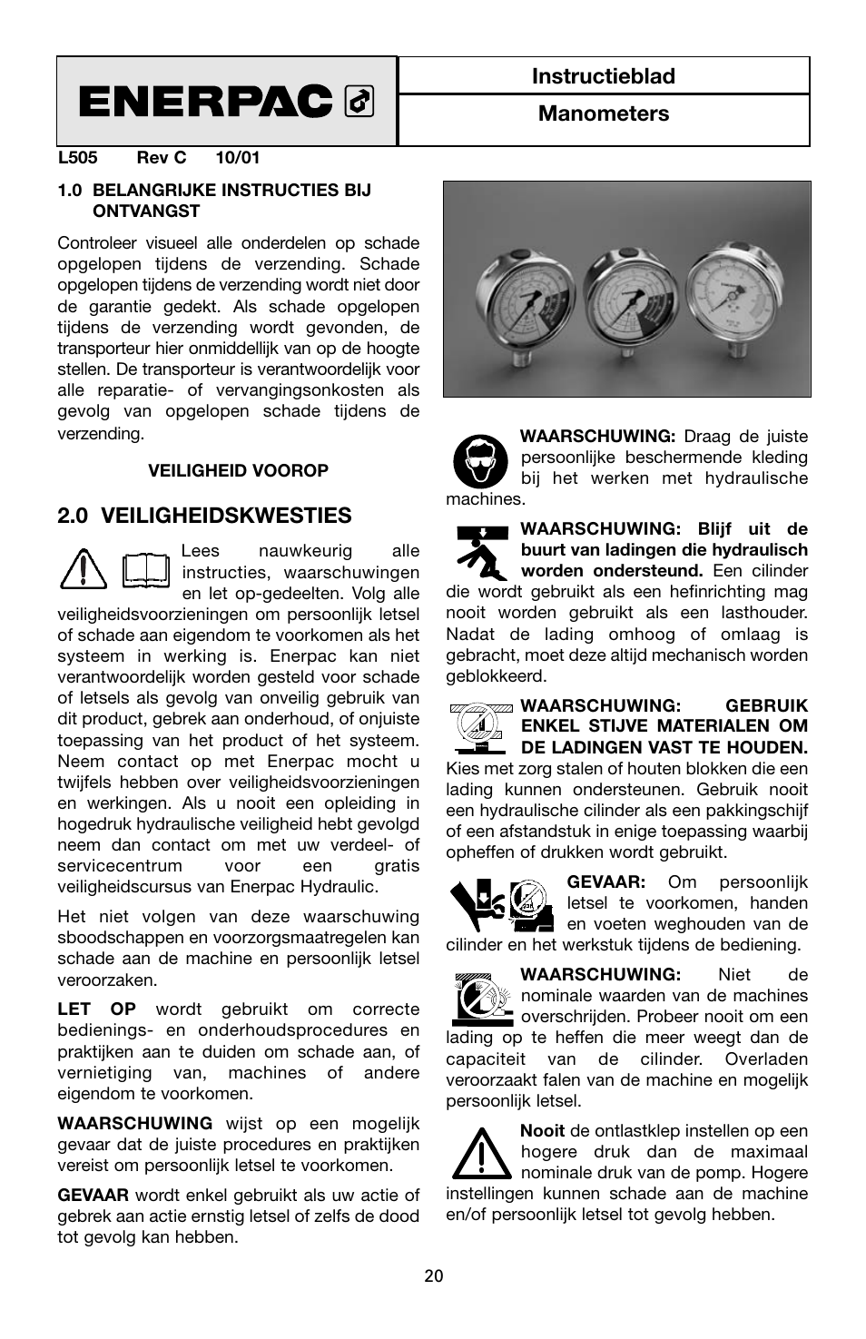 0 veiligheidskwesties, Instructieblad manometers | Enerpac V-Series User Manual | Page 20 / 28