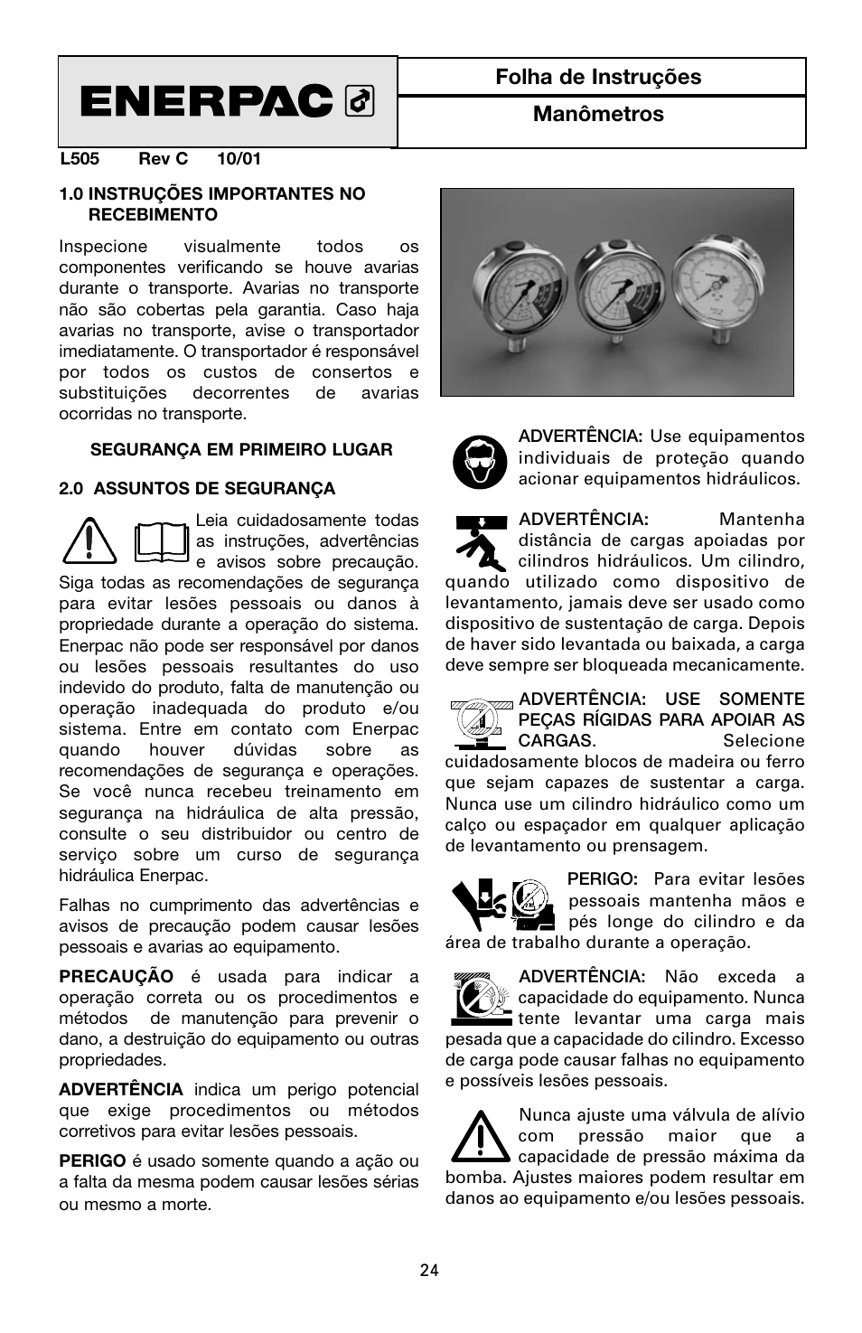 Folha de instruções manômetros | Enerpac V-Series User Manual | Page 24 / 28