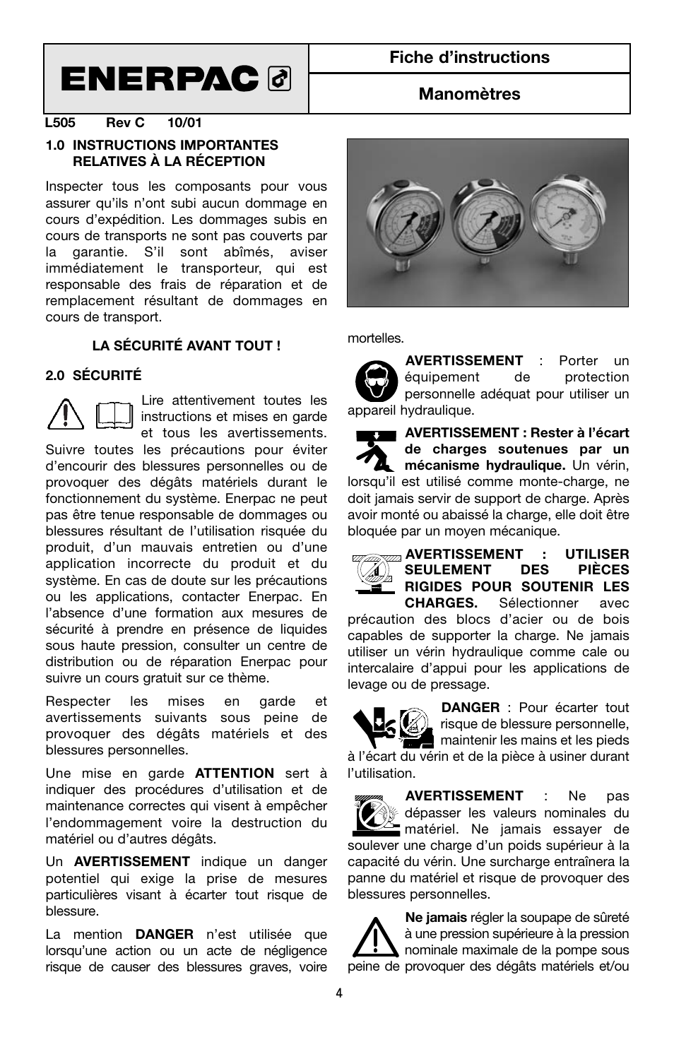 Fiche d’instructions manomètres | Enerpac V-Series User Manual | Page 4 / 28