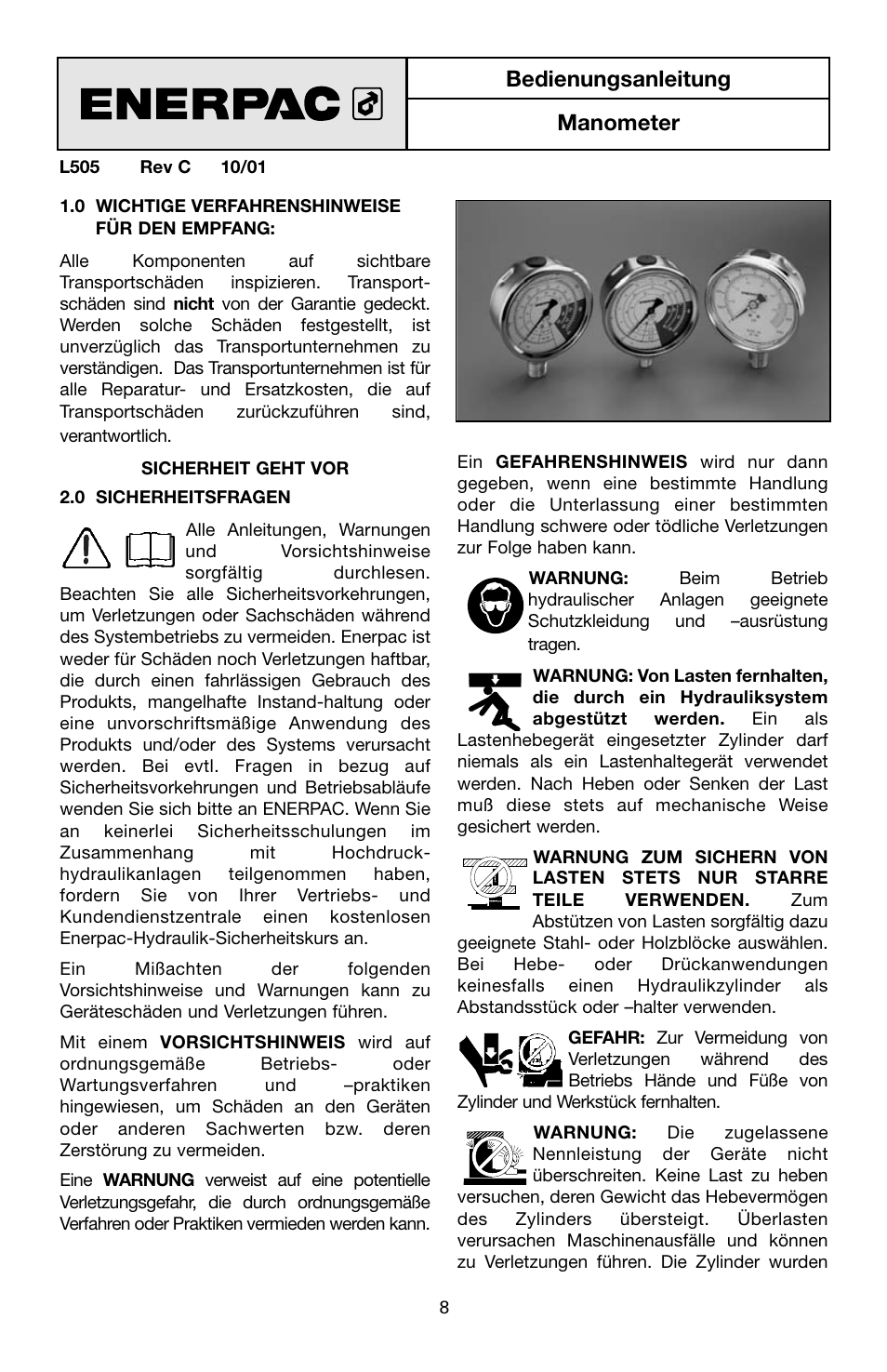 Bedienungsanleitung manometer | Enerpac V-Series User Manual | Page 8 / 28