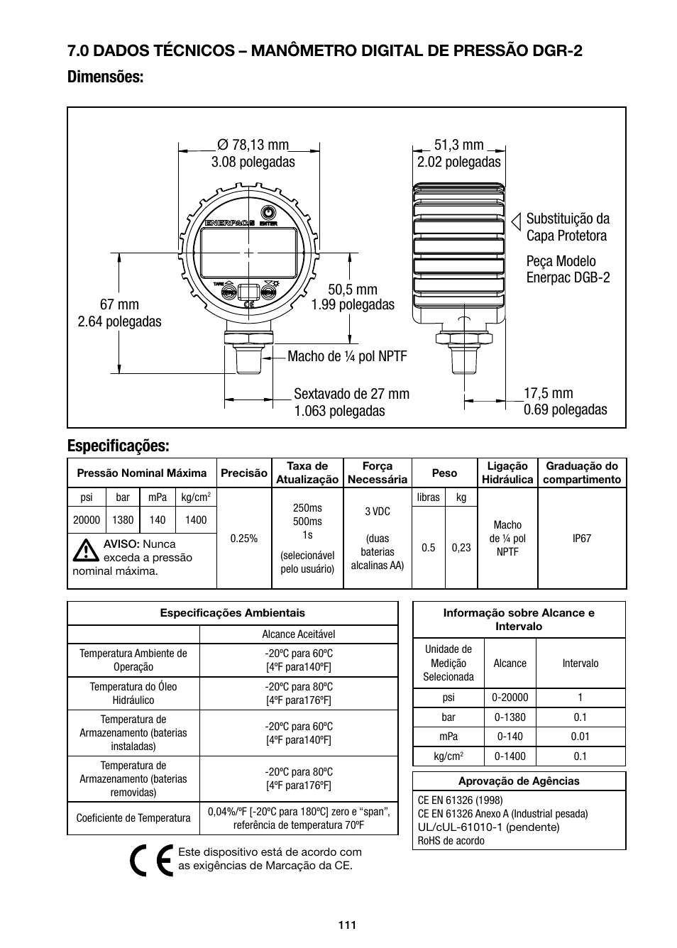 Dimensões: especiﬁ cações | Enerpac DGR-Series User Manual | Page 111 / 144