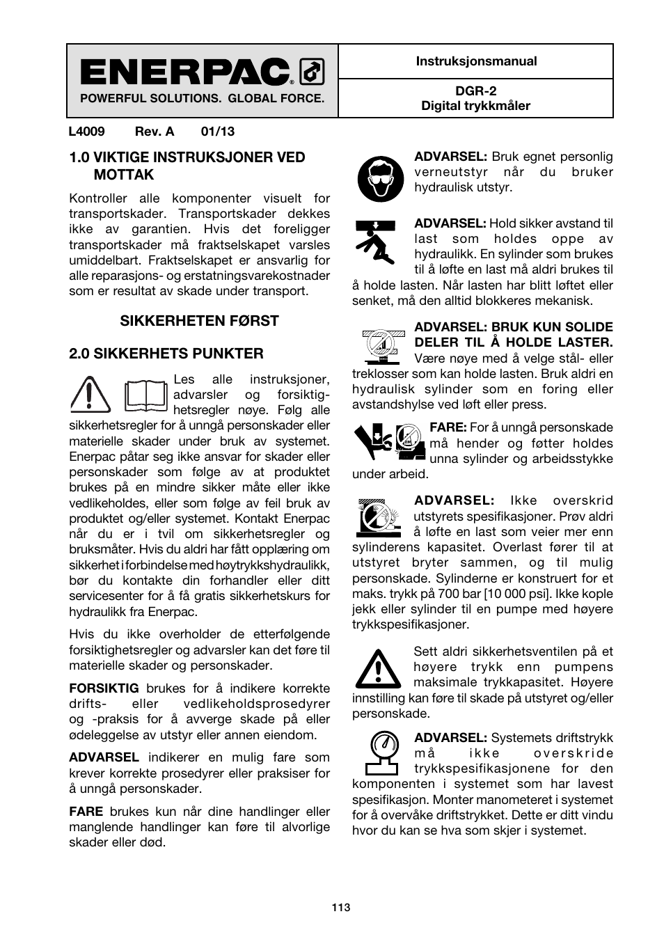 Norwegian | Enerpac DGR-Series User Manual | Page 113 / 144