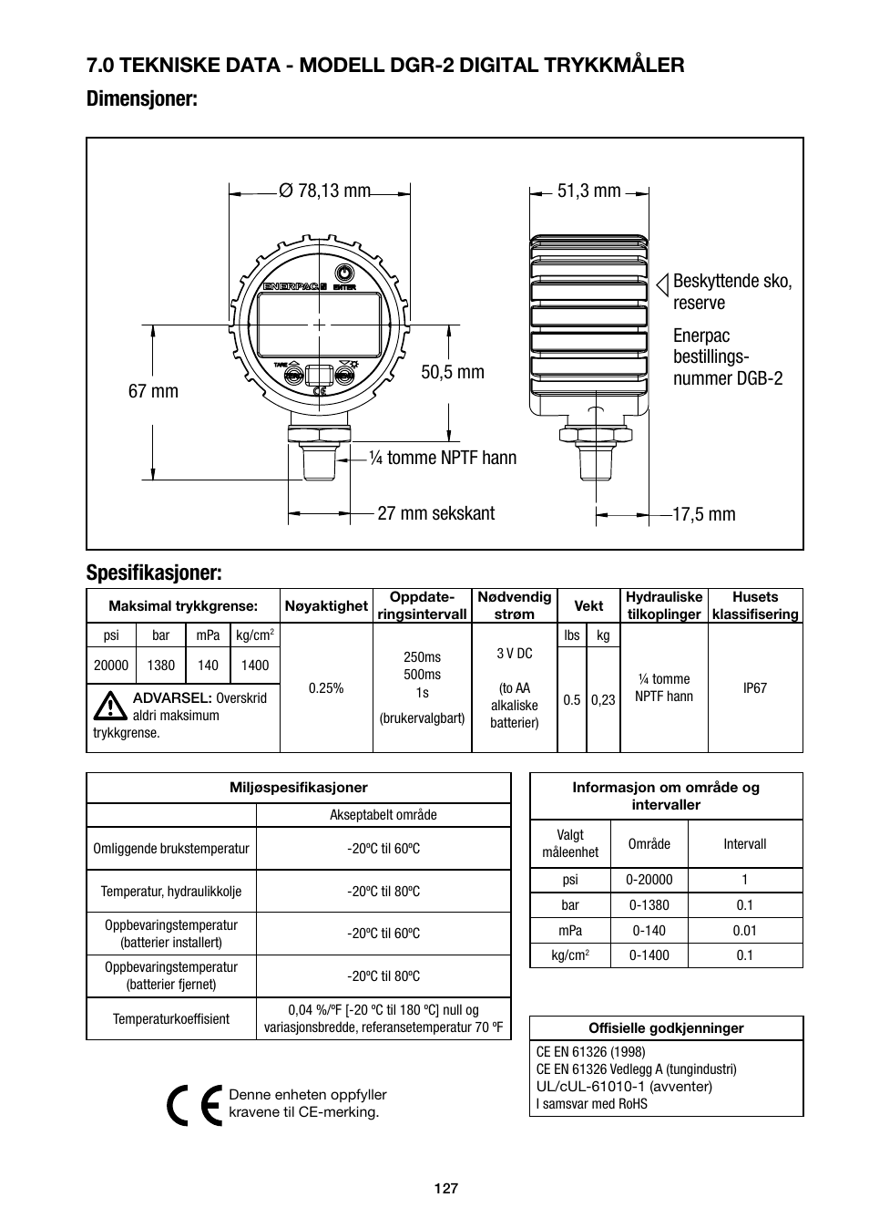 Dimensjoner: spesiﬁ kasjoner, 0 tekniske data - modell dgr-2 digital trykkmåler | Enerpac DGR-Series User Manual | Page 127 / 144