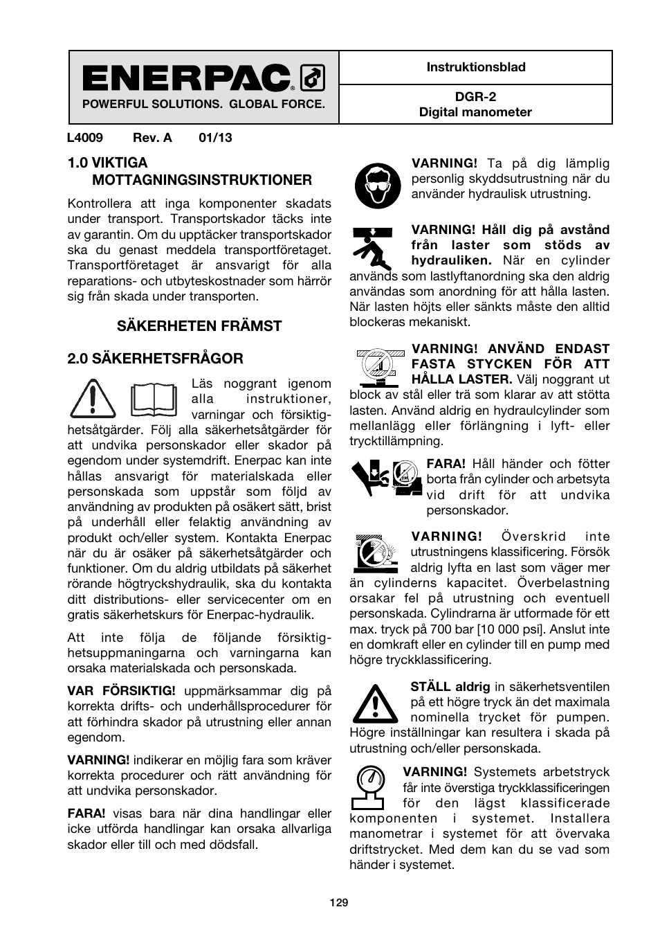 Svensk | Enerpac DGR-Series User Manual | Page 129 / 144