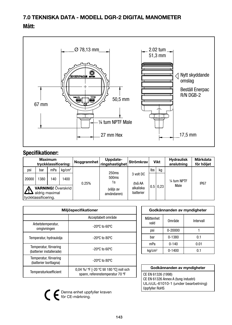 Mått: speciﬁ kationer, 0 tekniska data - modell dgr-2 digital manometer | Enerpac DGR-Series User Manual | Page 143 / 144