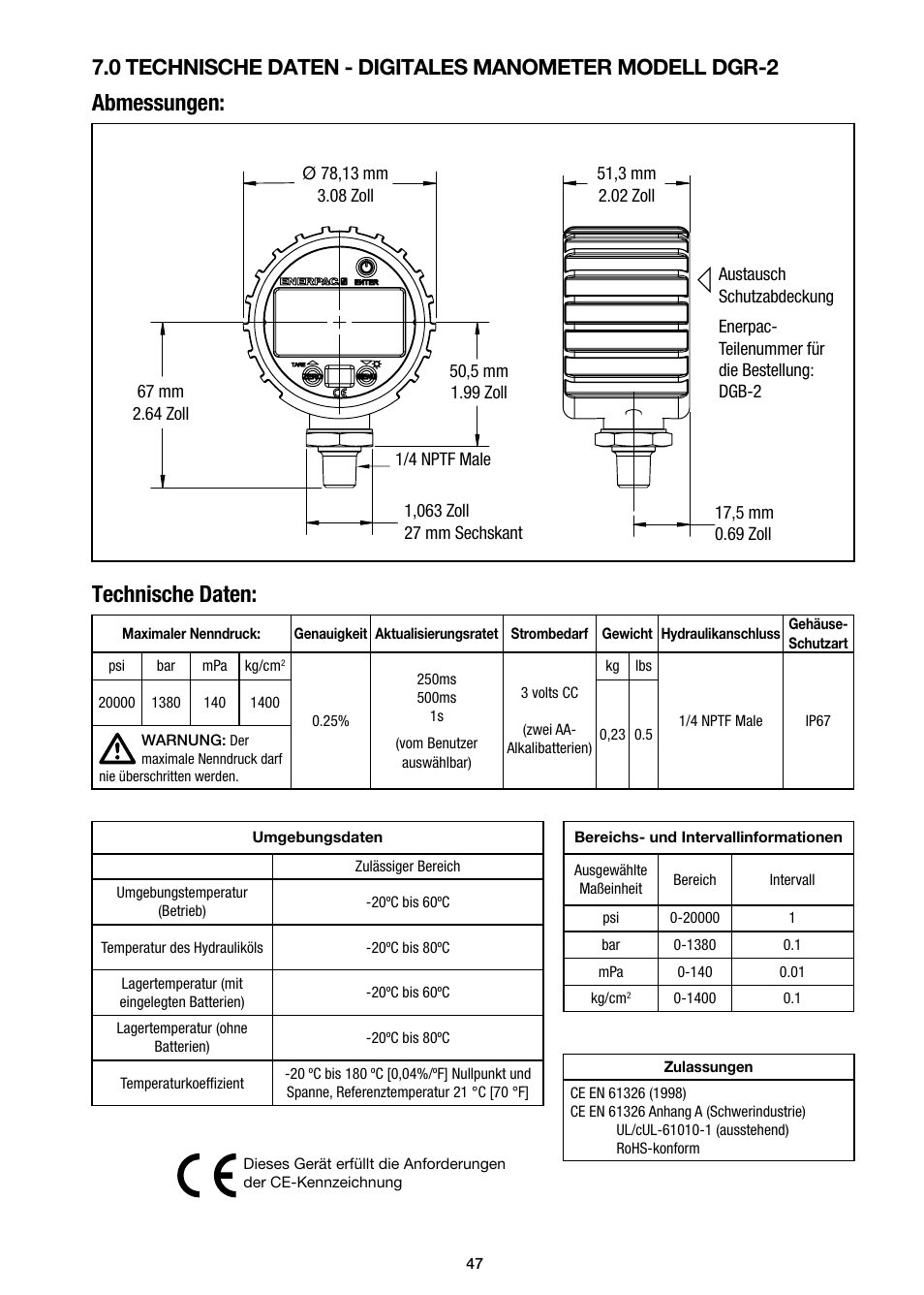 Abmessungen: technische daten | Enerpac DGR-Series User Manual | Page 47 / 144