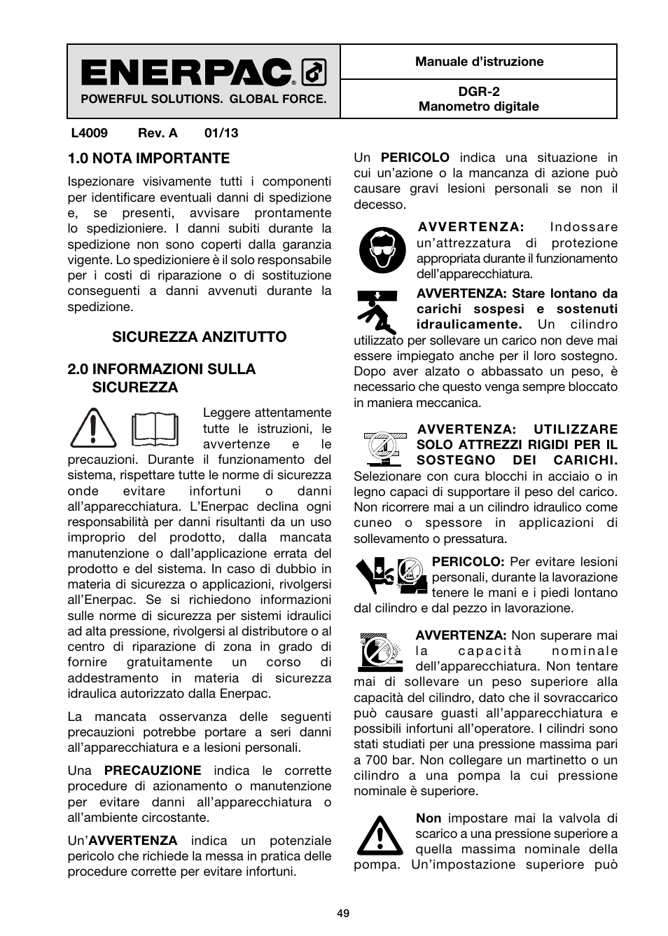 Italiano | Enerpac DGR-Series User Manual | Page 49 / 144