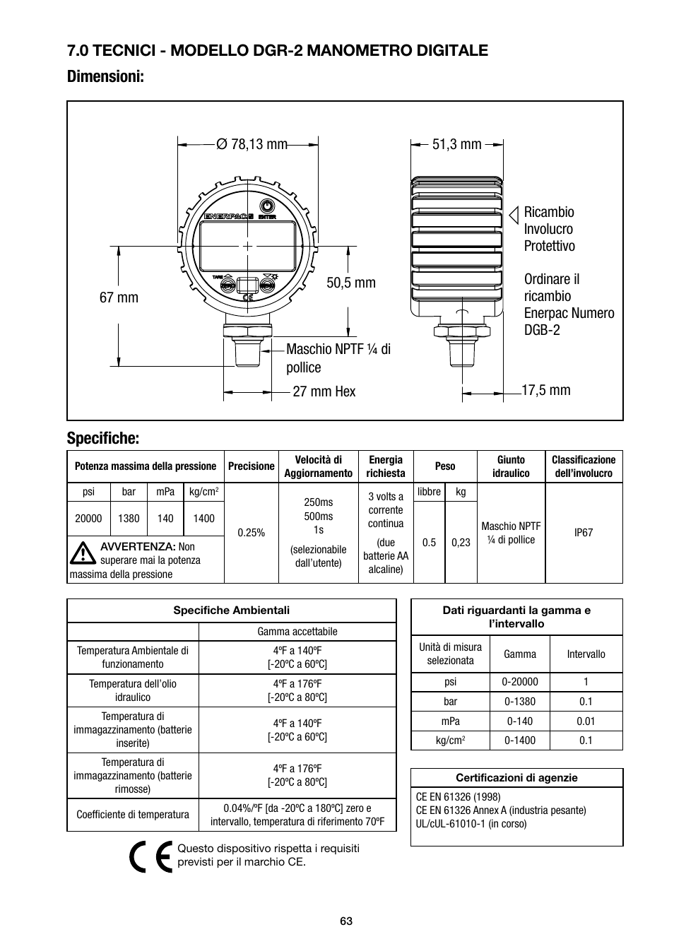 Dimensioni: speciﬁ che, 0 tecnici - modello dgr-2 manometro digitale | Enerpac DGR-Series User Manual | Page 63 / 144