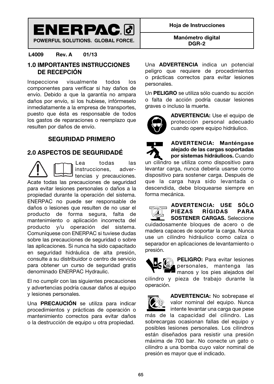 Español | Enerpac DGR-Series User Manual | Page 65 / 144