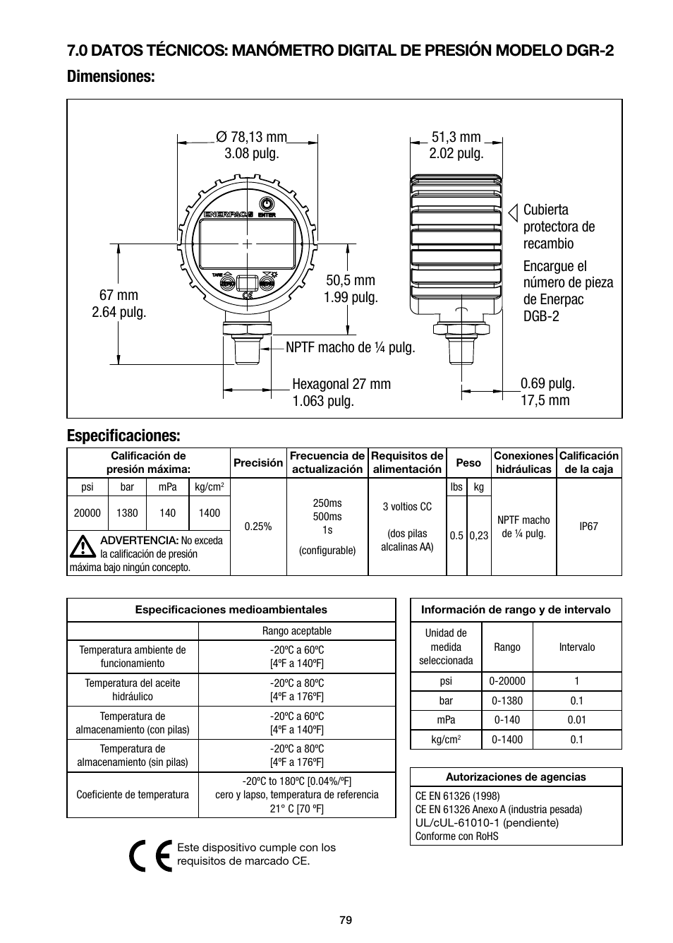 Dimensiones: especiﬁ caciones | Enerpac DGR-Series User Manual | Page 79 / 144