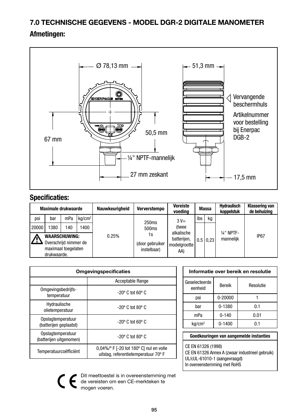 Afmetingen: speciﬁ caties | Enerpac DGR-Series User Manual | Page 95 / 144