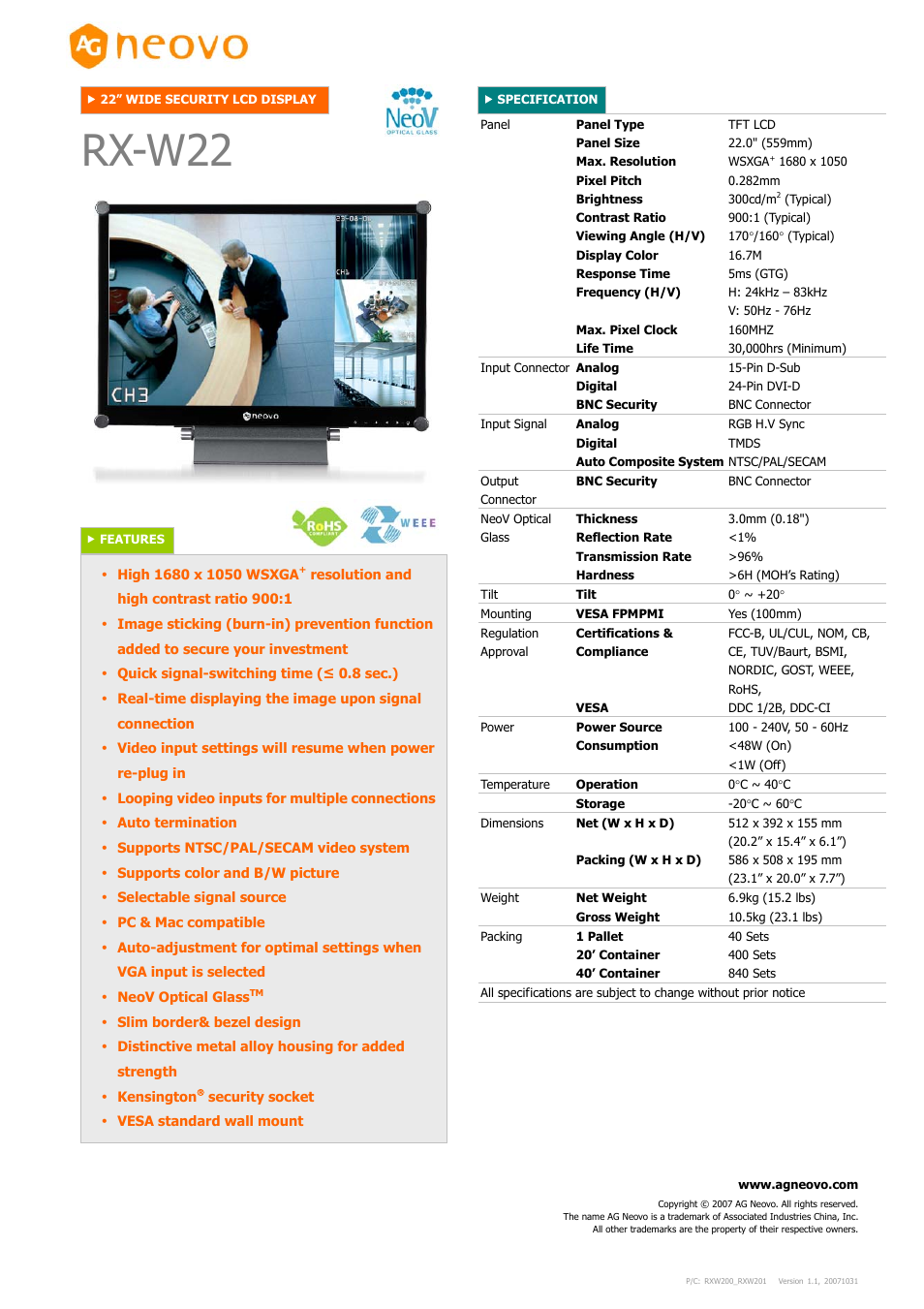 AG Neovo RX-W22 User Manual | 1 page