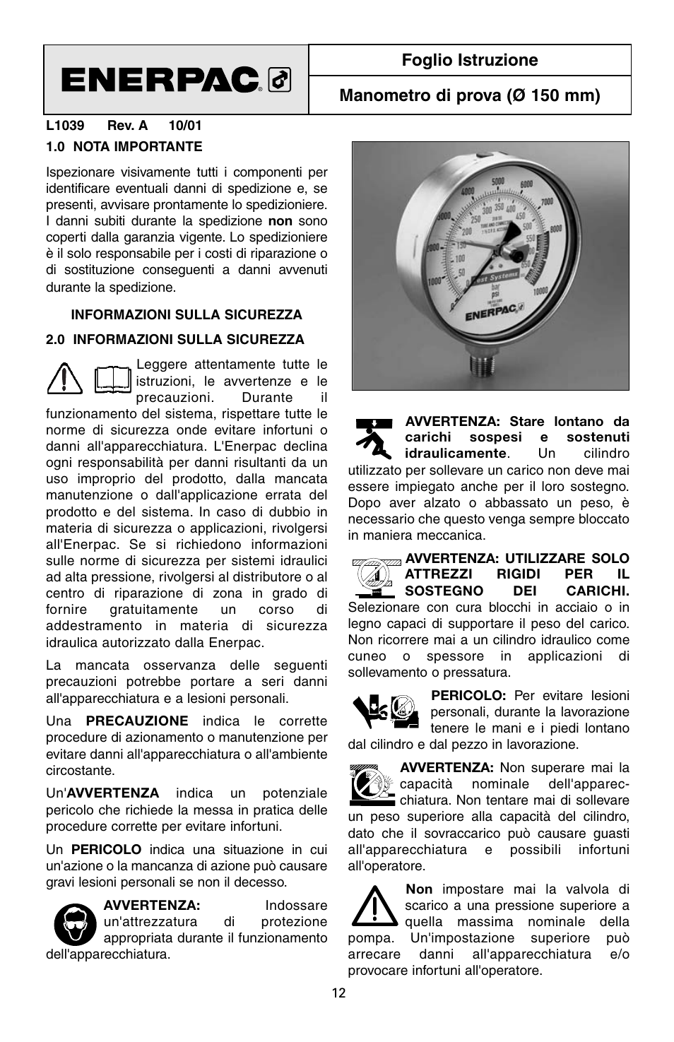 Foglio istruzione manometro di prova (ø 150 mm) | Enerpac T-Series User Manual | Page 12 / 28