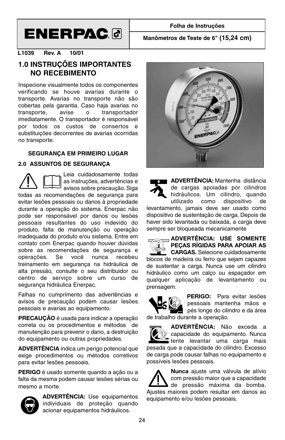 0 instruções importantes no recebimento | Enerpac T-Series User Manual | Page 24 / 28