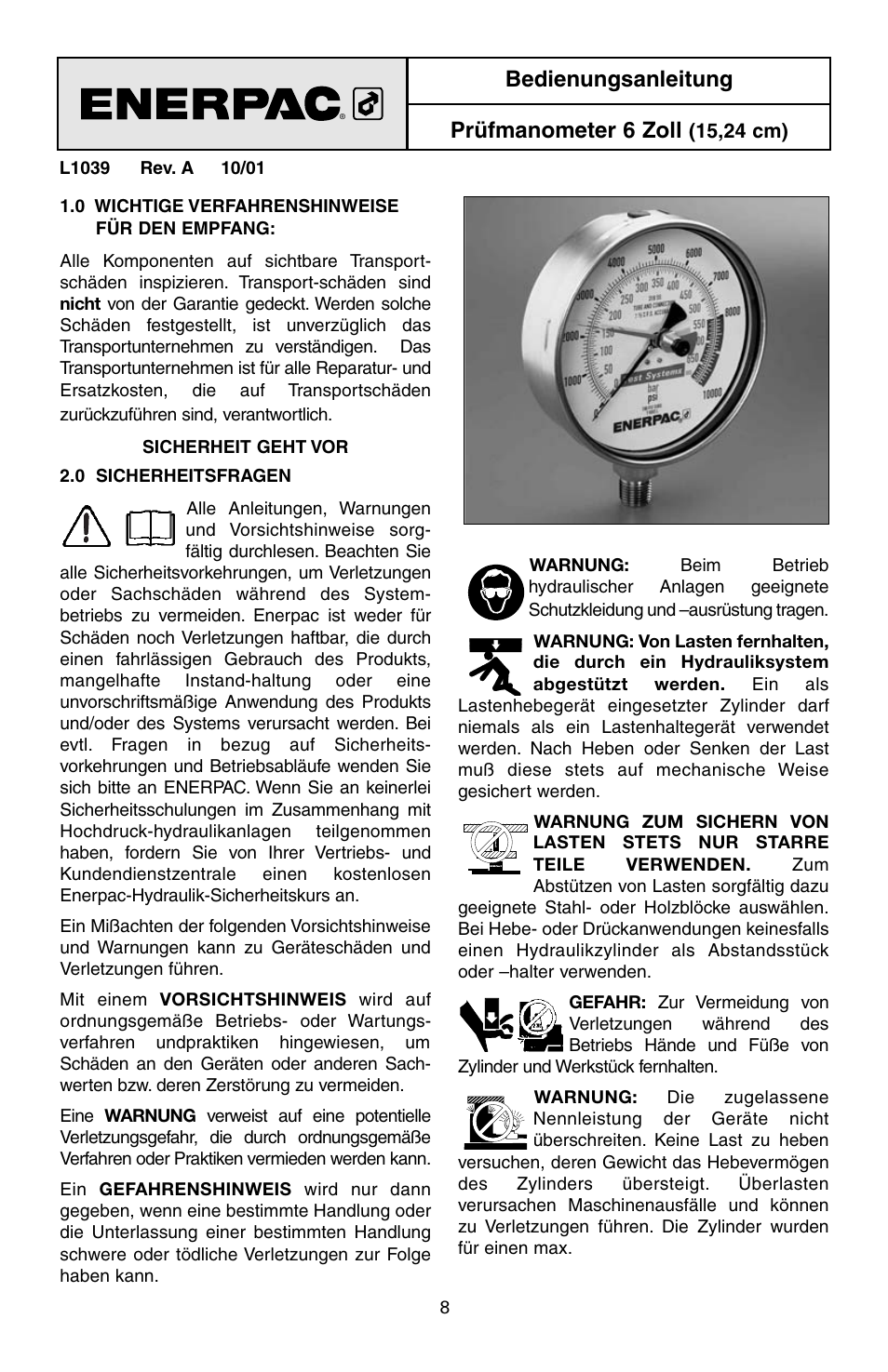 Bedienungsanleitung prüfmanometer 6 zoll | Enerpac T-Series User Manual | Page 8 / 28