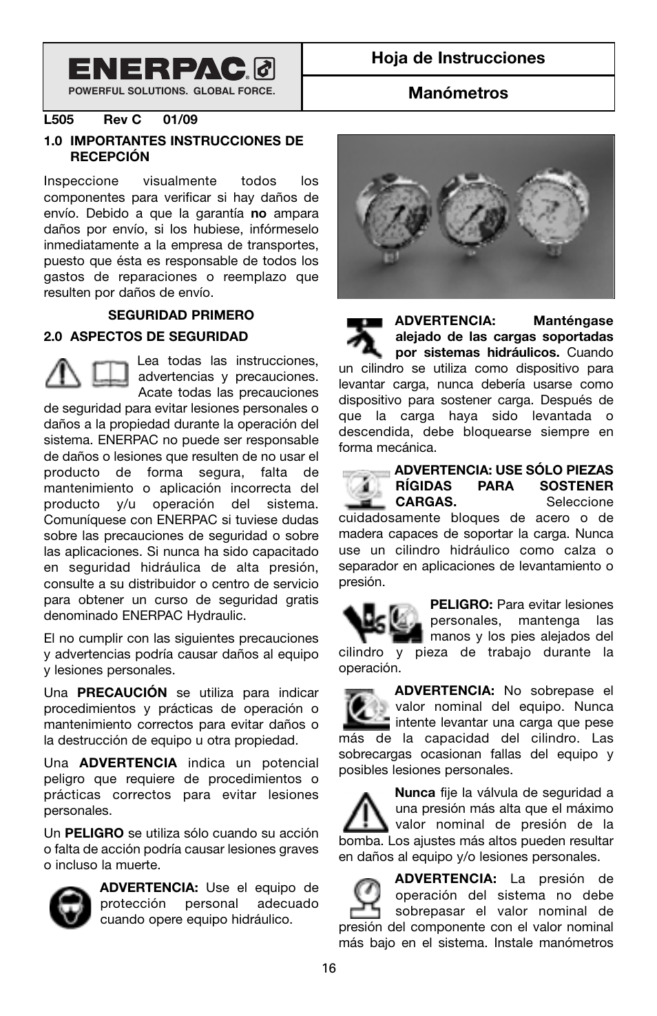 Hoja de instrucciones manómetros | Enerpac G-Series User Manual | Page 16 / 40