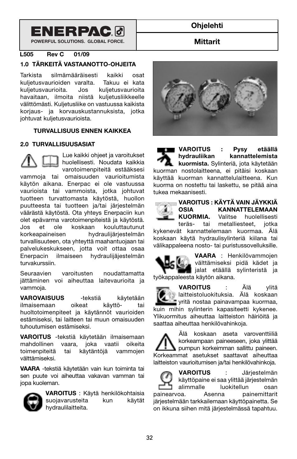 Ohjelehti mittarit | Enerpac G-Series User Manual | Page 32 / 40