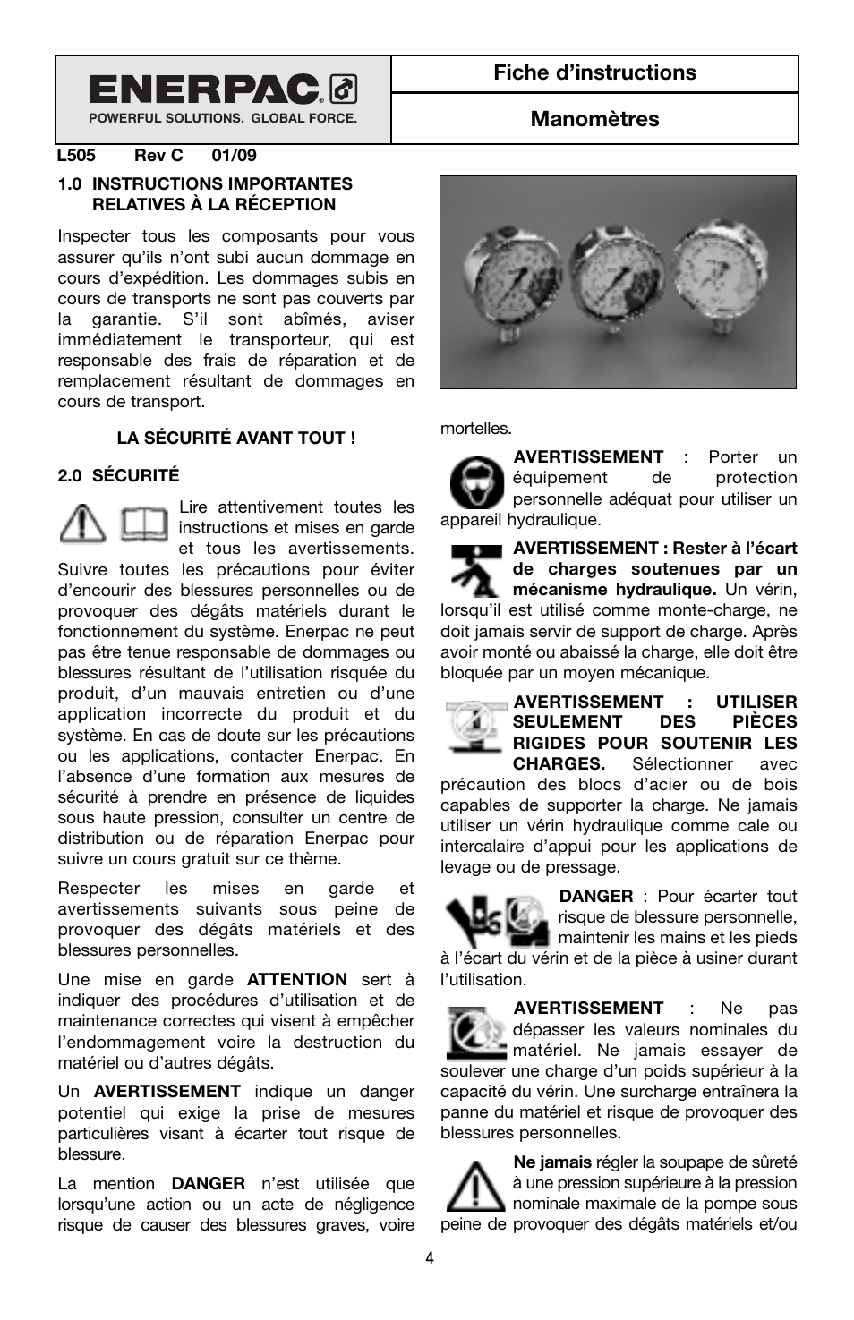 Fiche d’instructions manomètres | Enerpac G-Series User Manual | Page 4 / 40