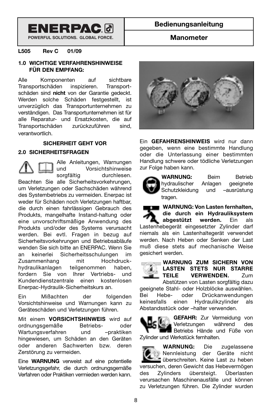 Bedienungsanleitung manometer | Enerpac G-Series User Manual | Page 8 / 40