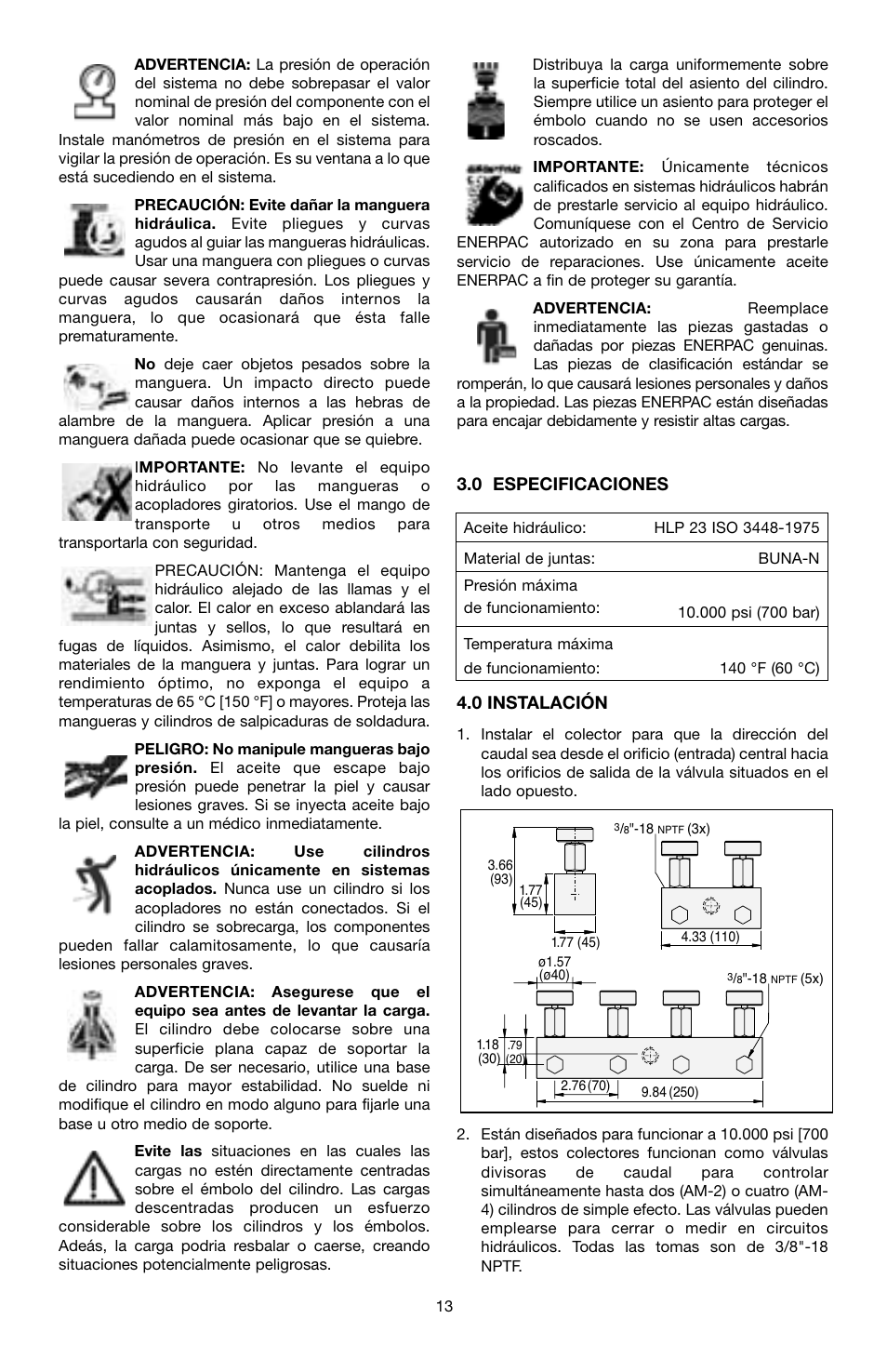 0 especificaciones, 0 instalación | Enerpac AM-Series User Manual | Page 13 / 33