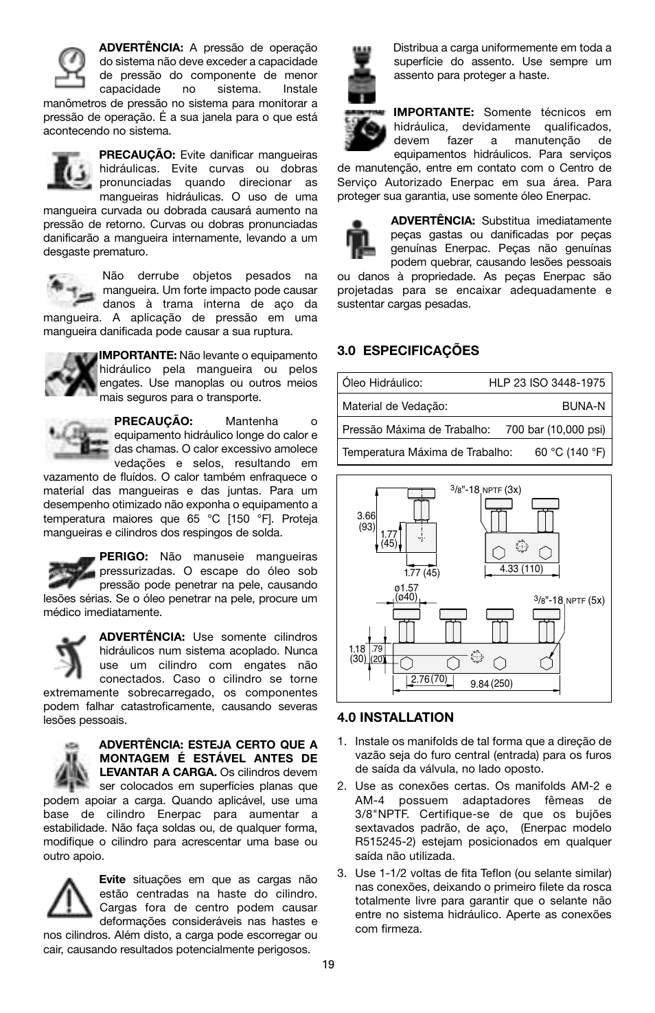 0 especificações, 0 installation | Enerpac AM-Series User Manual | Page 19 / 33