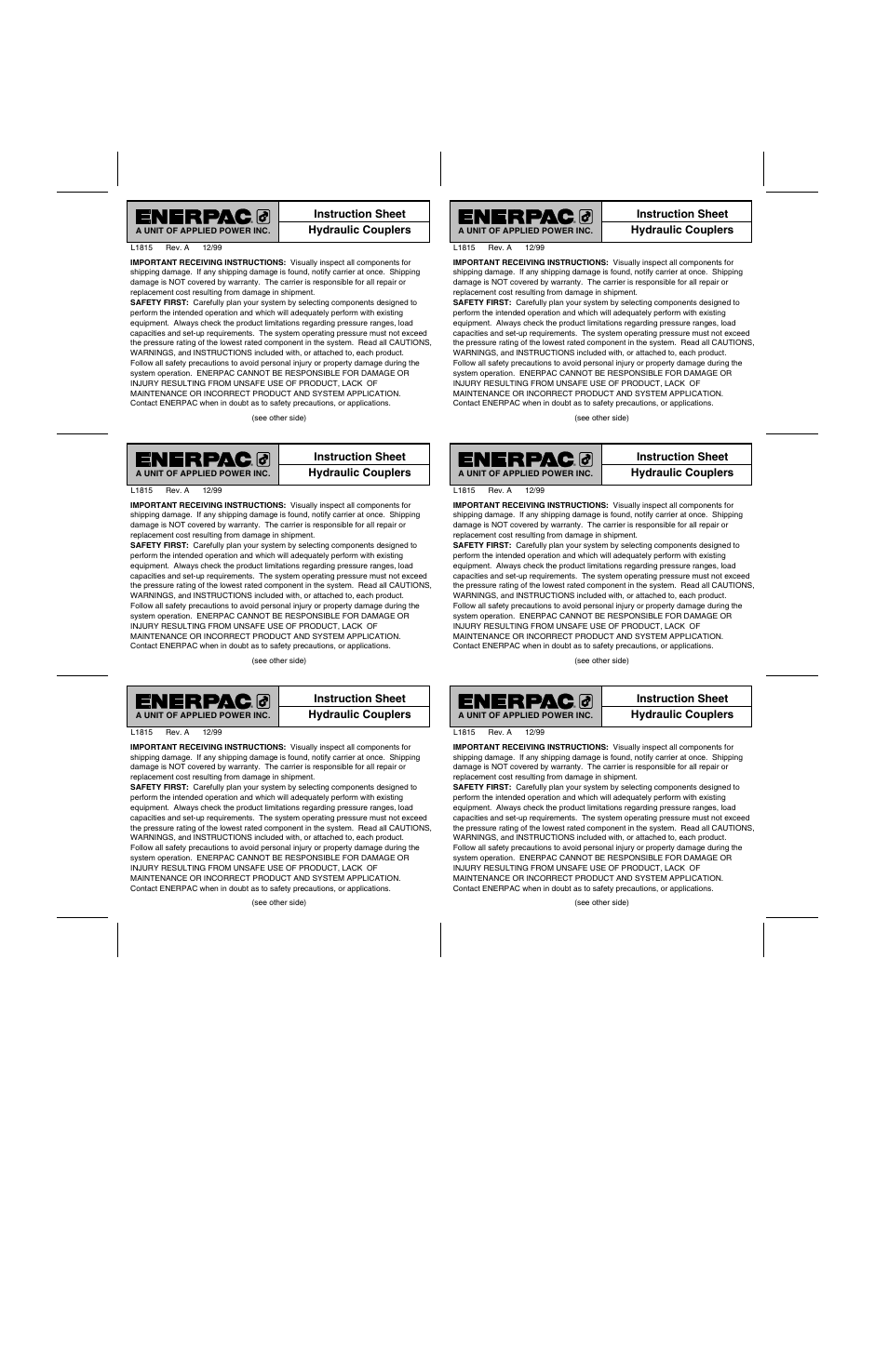 Enerpac T-Series, Hydraulic Couplers User Manual | 2 pages