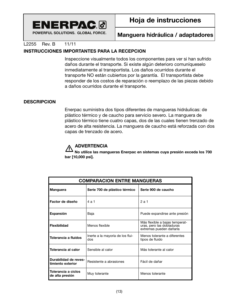 Hoja de instrucciones, Manguera hidráulica / adaptadores | Enerpac H700-Series User Manual | Page 13 / 28