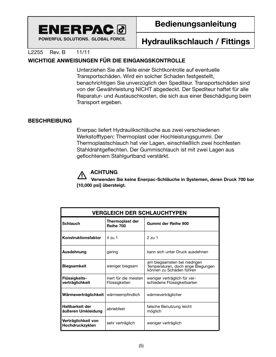 Bedienungsanleitung hydraulikschlauch / fittings | Enerpac H700-Series User Manual | Page 5 / 28