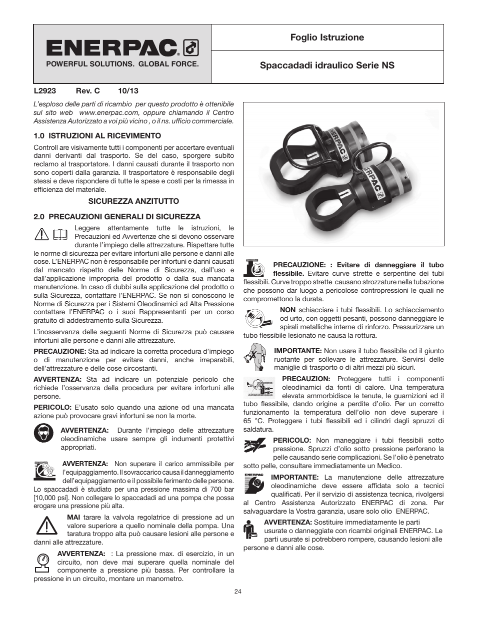 Foglio istruzione, Spaccadadi idraulico serie ns | Enerpac NS-Series User Manual | Page 24 / 92