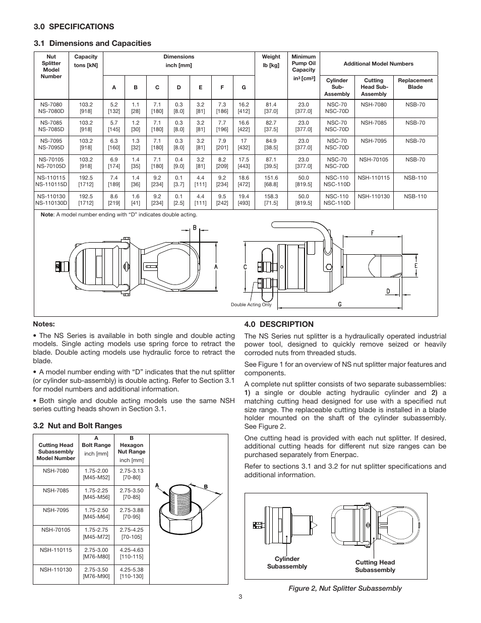 0 description, 0 specifications 3.1 dimensions and capacities, 2 nut and bolt ranges | Figure 2, nut splitter subassembly | Enerpac NS-Series User Manual | Page 3 / 92