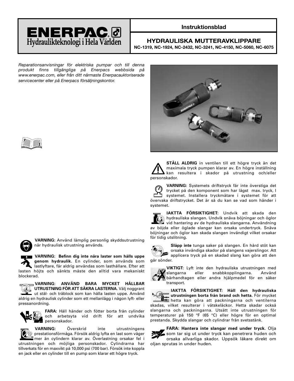 Instruktionsblad hydrauliska mutteravklippare | Enerpac NC-Series User Manual | Page 30 / 39