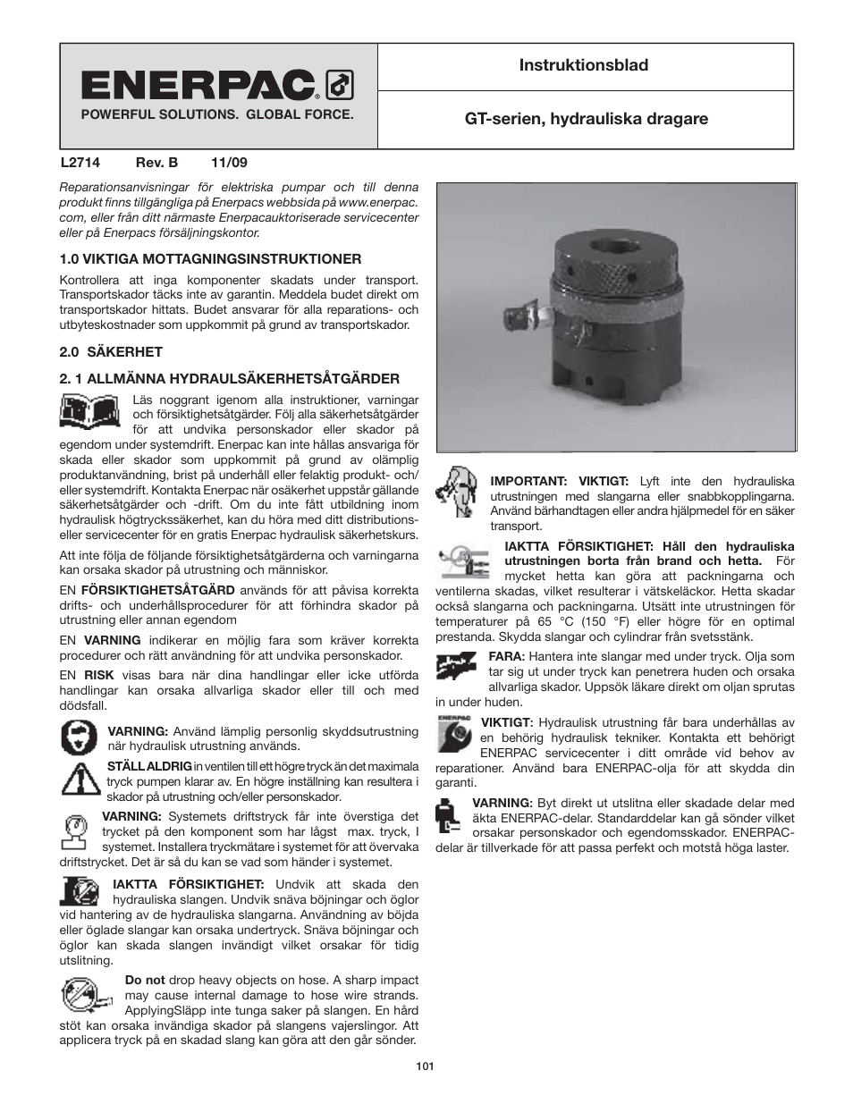 Gt-serien, hydrauliska dragare instruktionsblad | Enerpac GT-Series User Manual | Page 101 / 134