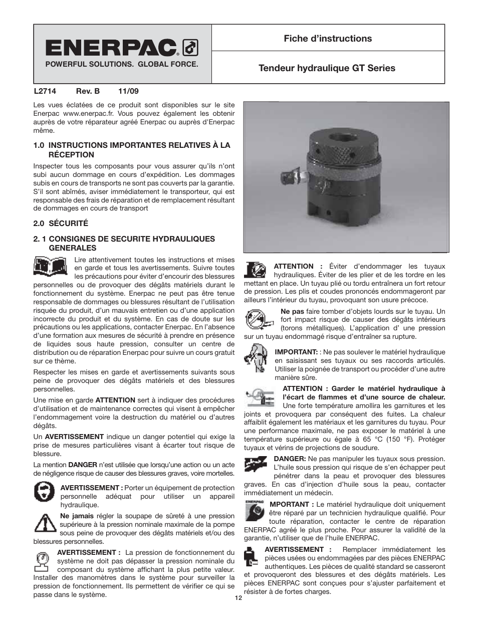 Fiche d’instructions tendeur hydraulique gt series | Enerpac GT-Series User Manual | Page 12 / 134