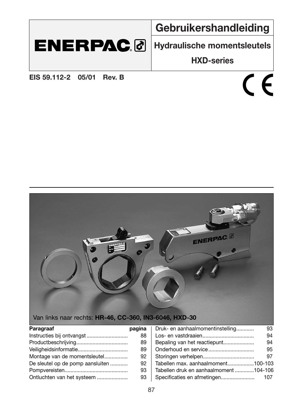 Gebruikershandleiding, Hydraulische momentsleutels hxd-series | Enerpac HXD-Series User Manual | Page 87 / 172