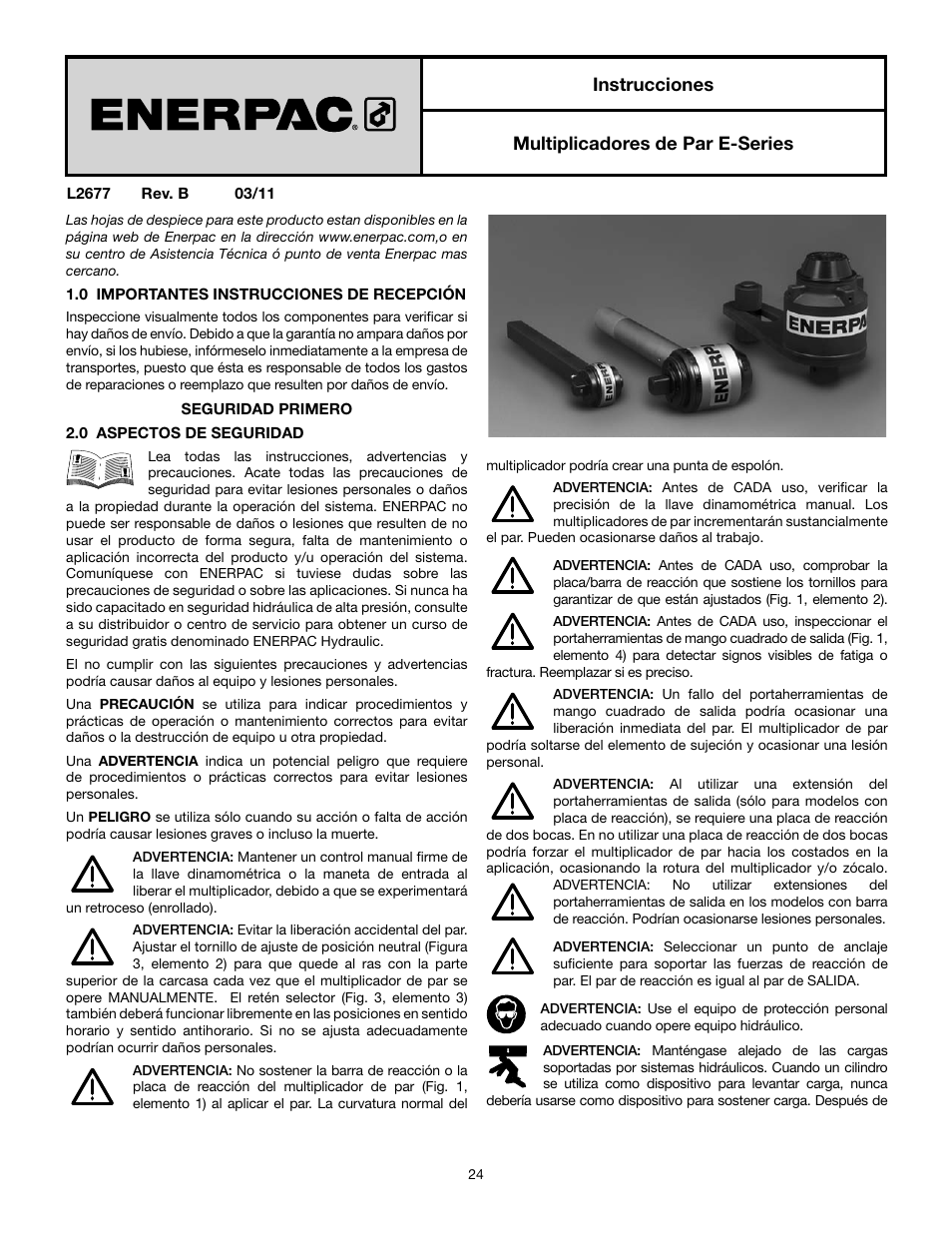 Instrucciones multiplicadores de par e-series | Enerpac E-Series User Manual | Page 24 / 70