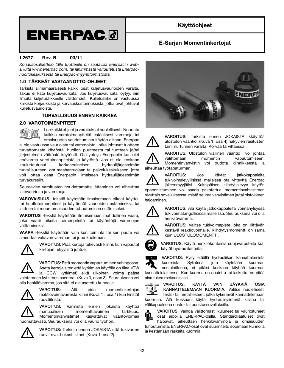 Käyttöohjeet e-sarjan momentinkertojat | Enerpac E-Series User Manual | Page 42 / 70