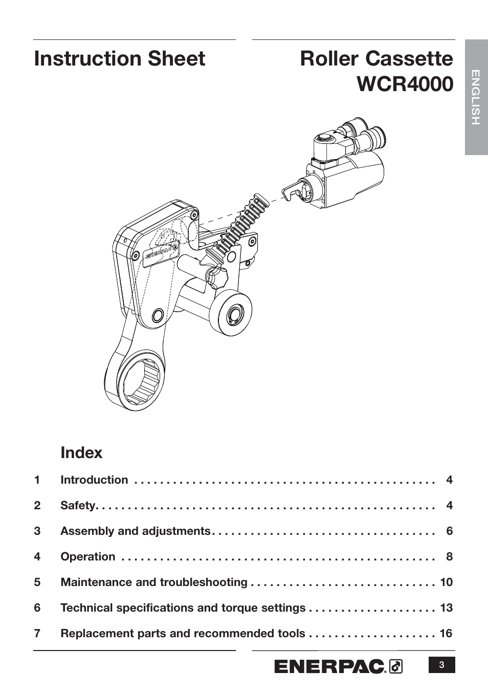 Instruction sheet roller cassette wcr4000, Index | Enerpac WCR-Series User Manual | Page 3 / 20