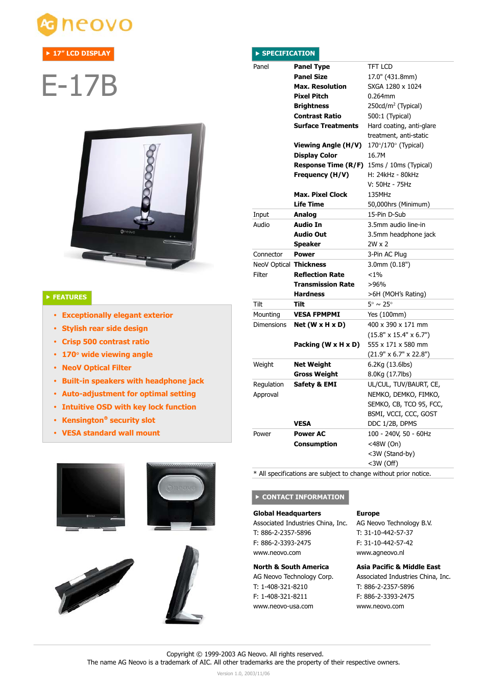 AG Neovo 17" LCD Display E-17B User Manual | 1 page