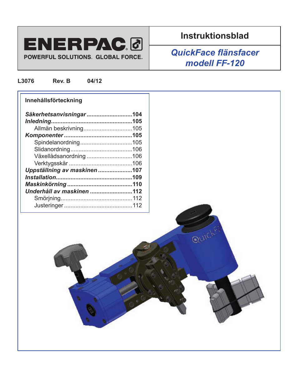 Swedish (se), Qvwuxnwlrqveodg 4xlfn)dfhàlqvidfhu prghoo)) | Enerpac FF-Series User Manual | Page 103 / 164