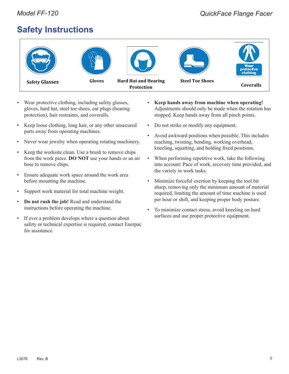 6dihw\,qvwuxfwlrqv, 4xlfn)dfh)odqjh)dfhu, 0rgho)) | Enerpac FF-Series User Manual | Page 3 / 164