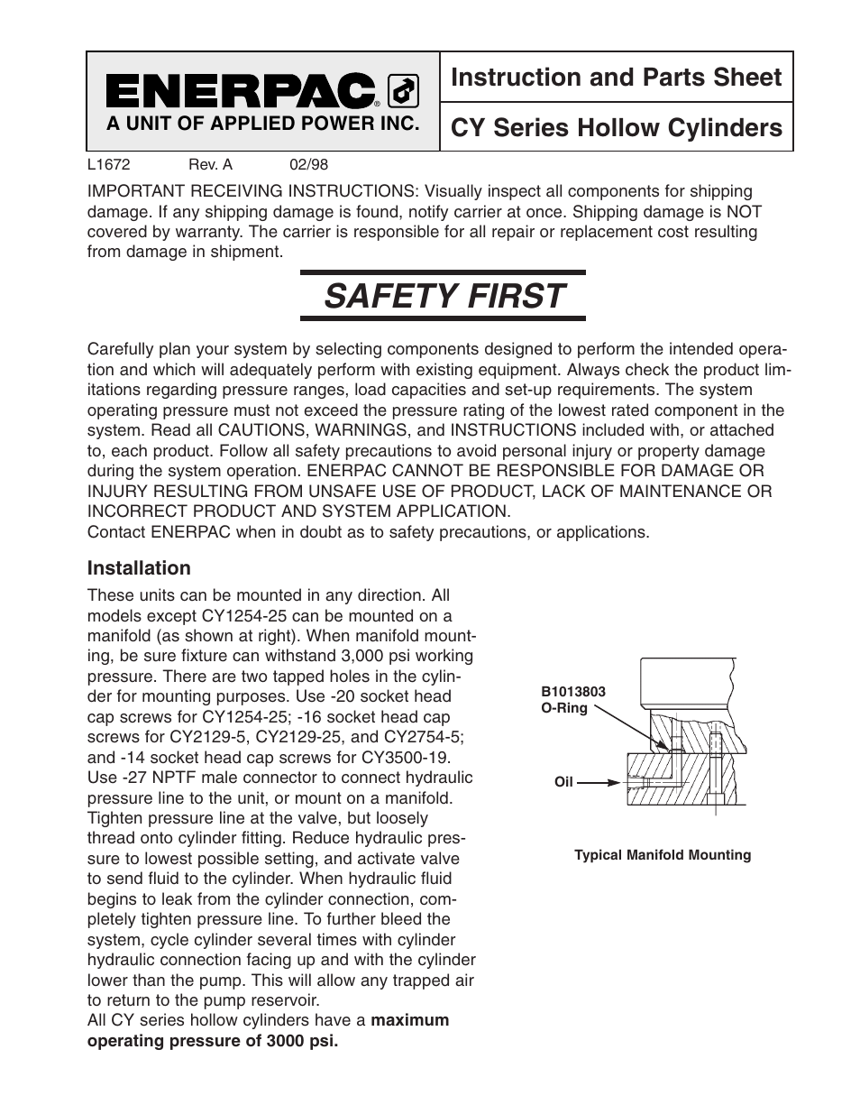 Enerpac CY Series User Manual | 2 pages