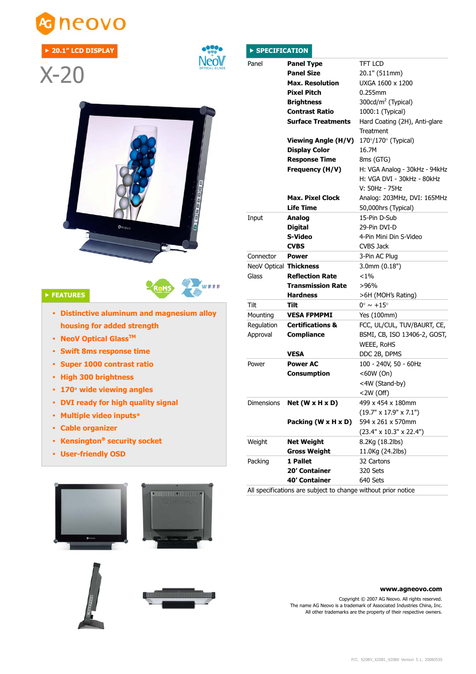 AG Neovo Neovo X-20 User Manual | 1 page