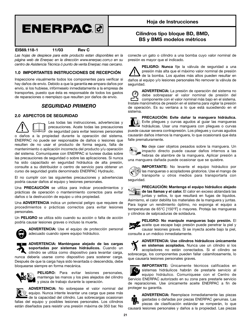 Seguridad primero | Enerpac BMS-Series User Manual | Page 21 / 32