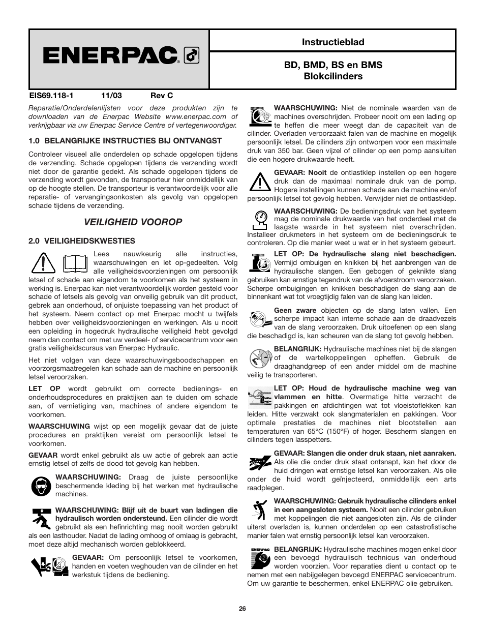 Veiligheid voorop, Instructieblad bd, bmd, bs en bms blokcilinders | Enerpac BMS-Series User Manual | Page 26 / 32