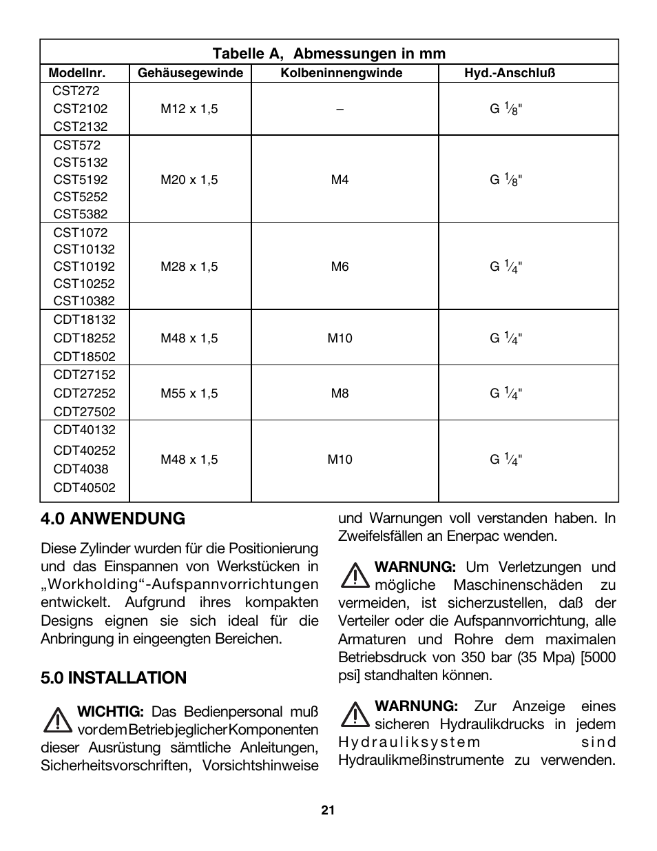 0 anwendung, 0 installation | Enerpac CDT-Series User Manual | Page 21 / 66