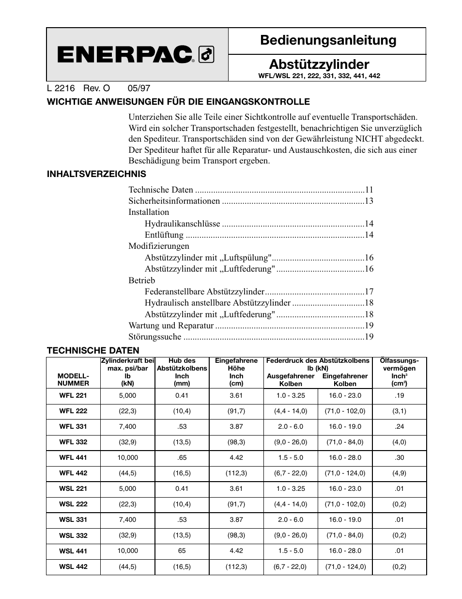 Bedienungsanleitung abstützzylinder | Enerpac WSL-442 User Manual | Page 11 / 60